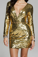 Load image into Gallery viewer, Sparkly Golden Sequin Tight V-Neck Short Homecoming Dress with Sleeves