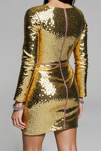 Sparkly Golden Sequin Tight V-Neck Short Homecoming Dress with Sleeves