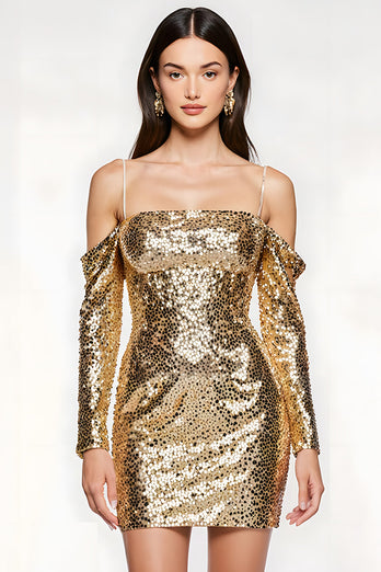 Sparkly Golden Sequin Tight Cold Shoulder Short Homecoming Dress with Sleeves