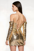 Load image into Gallery viewer, Sparkly Golden Sequin Tight Cold Shoulder Short Homecoming Dress with Sleeves