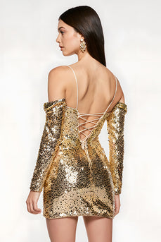 Sparkly Golden Sequin Tight Cold Shoulder Short Homecoming Dress with Sleeves