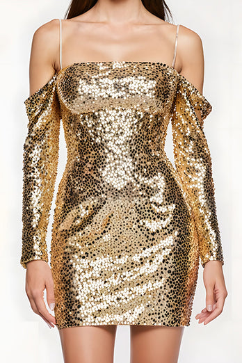 Sparkly Golden Sequin Tight Cold Shoulder Short Homecoming Dress with Sleeves