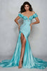 Load image into Gallery viewer, Blue Mermaid Satin Off the Shoulder Long Prom Dress with Slit