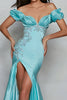 Load image into Gallery viewer, Blue Mermaid Satin Off the Shoulder Long Prom Dress with Slit