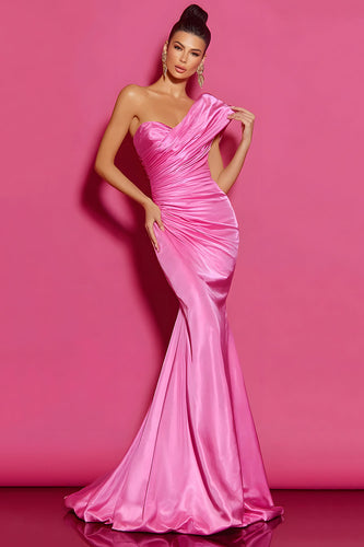 Simple Hot Pink Satin Mermaid One Shoulder Long Prom Dress