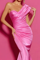 Load image into Gallery viewer, Simple Hot Pink Satin Mermaid One Shoulder Long Prom Dress