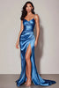 Load image into Gallery viewer, Dark Blue Satin Ruched Spaghetti Straps Long Prom Dress with Slit