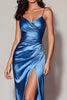 Load image into Gallery viewer, Dark Blue Satin Ruched Spaghetti Straps Long Prom Dress with Slit
