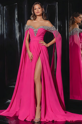 Sparkly Fuchsia Chiffon A Line Off the Shoulder Long Pageant Dress with Slit