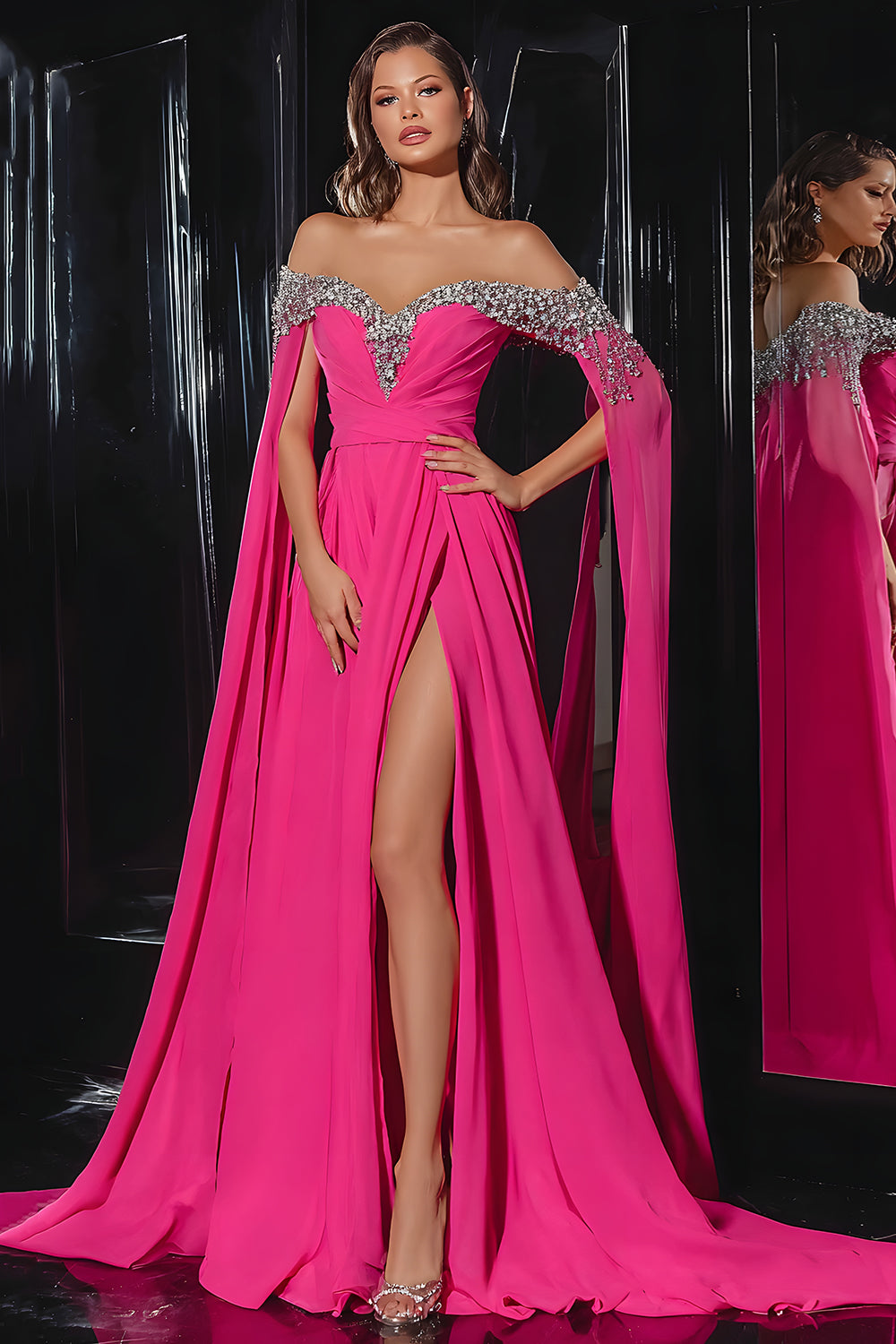 Sparkly Fuchsia Chiffon A Line Off the Shoulder Long Pageant Dress with Slit