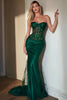 Load image into Gallery viewer, Dark Green Satin Strapless Mermaid Long Corset Prom Dress with Lace