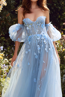 Floral Light Blue Off the Shoulder A Line Tulle Long Prom Dress