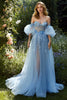 Load image into Gallery viewer, Floral Light Blue A Line Tulle Off the Shoulder Long Prom Dress