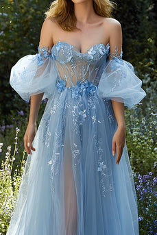 Floral Light Blue A Line Tulle Off the Shoulder Long Prom Dress