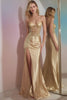 Load image into Gallery viewer, Sparkly Golden Mermaid Satin Appliqued Long Corset Prom Dress with Slit