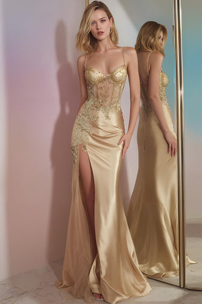 Sparkly Golden Mermaid Satin Appliqued Long Corset Prom Dress with Slit