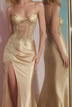 Sparkly Golden Mermaid Satin Appliqued Long Corset Prom Dress with Slit