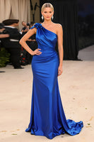 Load image into Gallery viewer, Royal Blue Mermaid Satin One Shoulder Long Formal -Dress with 3D Flower
