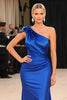 Load image into Gallery viewer, Royal Blue Mermaid Satin One Shoulder Long Formal -Dress with 3D Flower