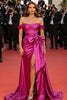 Load image into Gallery viewer, Fuchsia Satin Sheath Ruched Off the Shoulder Long Gala Dress with Bow