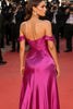 Load image into Gallery viewer, Fuchsia Satin Sheath Ruched Off the Shoulder Long Gala Dress with Bow