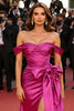 Load image into Gallery viewer, Fuchsia Satin Sheath Ruched Off the Shoulder Long Gala Dress with Bow