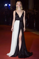 Load image into Gallery viewer, Deep V-Neck Satin Patchwork Long Black and White Dress with Slit