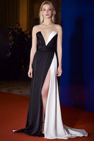 Load image into Gallery viewer, Patchwork Sheath Strapless Long Black and White Dress with Slit