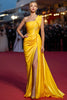 Load image into Gallery viewer, Yellow Satin Mermaid One Shoulder Long Pageant Dress with Slit