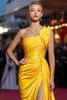 Load image into Gallery viewer, Yellow Satin Mermaid One Shoulder Long Pageant Dress with Slit