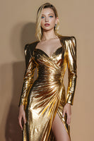 Load image into Gallery viewer, Glitter Golden Metallic Ruched Long Sleeves Gala Dress with Slit