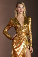 Load image into Gallery viewer, Glitter Golden Metallic V-Neck Ruched Long Sleeves Gala Dress with Slit