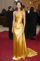 Load image into Gallery viewer, Yellow Satin Ruched Sheath One Shoulder Long Gala Dress