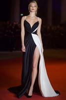 Load image into Gallery viewer, Patchwork Spaghetti Straps Ruched Long Black and White Dress with Slit