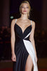 Load image into Gallery viewer, Patchwork Spaghetti Straps Ruched Long Black and White Dress with Slit