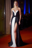 Load image into Gallery viewer, Satin Strapless Patchwork Ruched Long Black and White Dress with Slit