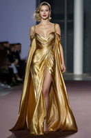 Load image into Gallery viewer, Golden Metallic A Line Cold Shoulder Long Gala Dress with Slit