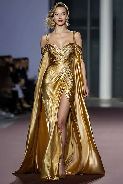 Golden Metallic A Line Cold Shoulder Long Gala Dress with Slit