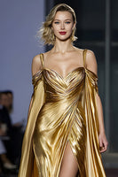 Load image into Gallery viewer, Golden Metallic A Line Cold Shoulder Long Gala Dress with Slit