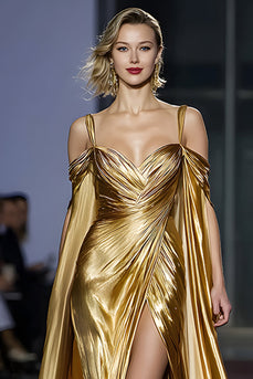Golden Metallic A Line Cold Shoulder Long Gala Dress with Slit