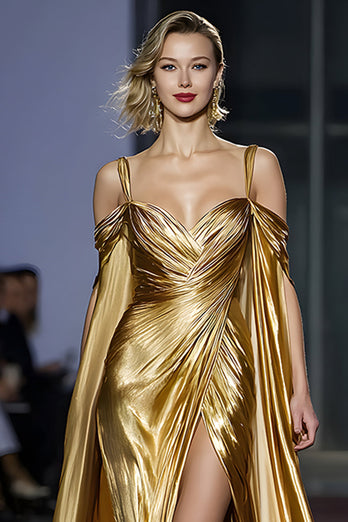 Golden Metallic A Line Cold Shoulder Long Gala Dress with Slit