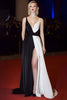 Load image into Gallery viewer, Deep V-Neck A Line Satin Patchwork Long Black and White Dress with Slit