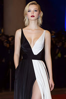 Load image into Gallery viewer, Deep V-Neck A Line Satin Patchwork Long Black and White Dress with Slit