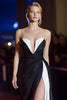 Load image into Gallery viewer, Black and White Patchwork Ruched Strapless Long Evening Dress with Slit