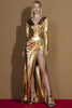 Load image into Gallery viewer, Glitter Golden Metallic Ruched V-Neck Long Sleeves Gala Dress with Slit