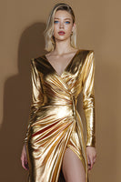 Load image into Gallery viewer, Glitter Golden Metallic Ruched V-Neck Long Sleeves Gala Dress with Slit