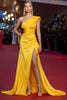 Load image into Gallery viewer, Yellow Satin Ruched One Shoulder Mermaid Long Pageant Dress with Slit