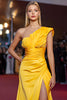 Load image into Gallery viewer, Yellow Satin Ruched One Shoulder Mermaid Long Pageant Dress with Slit