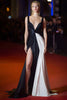 Load image into Gallery viewer, Simple Black and White Satin Ruched Patchwork Long Evening Dress with Slit