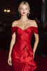 Load image into Gallery viewer, Red Off the Shoulder Satin Mermaid Ruffled Long Gala Dress
